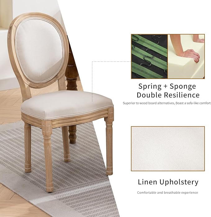 French Country Dining Chairs Set of 8, Cream Kitchen & Dining Room Chairs Set of 8, Ivory Linen Upholstered Dining Chairs,Sillas De Comedor,Wood Legs (Fabric, Beige, 8Pcs)