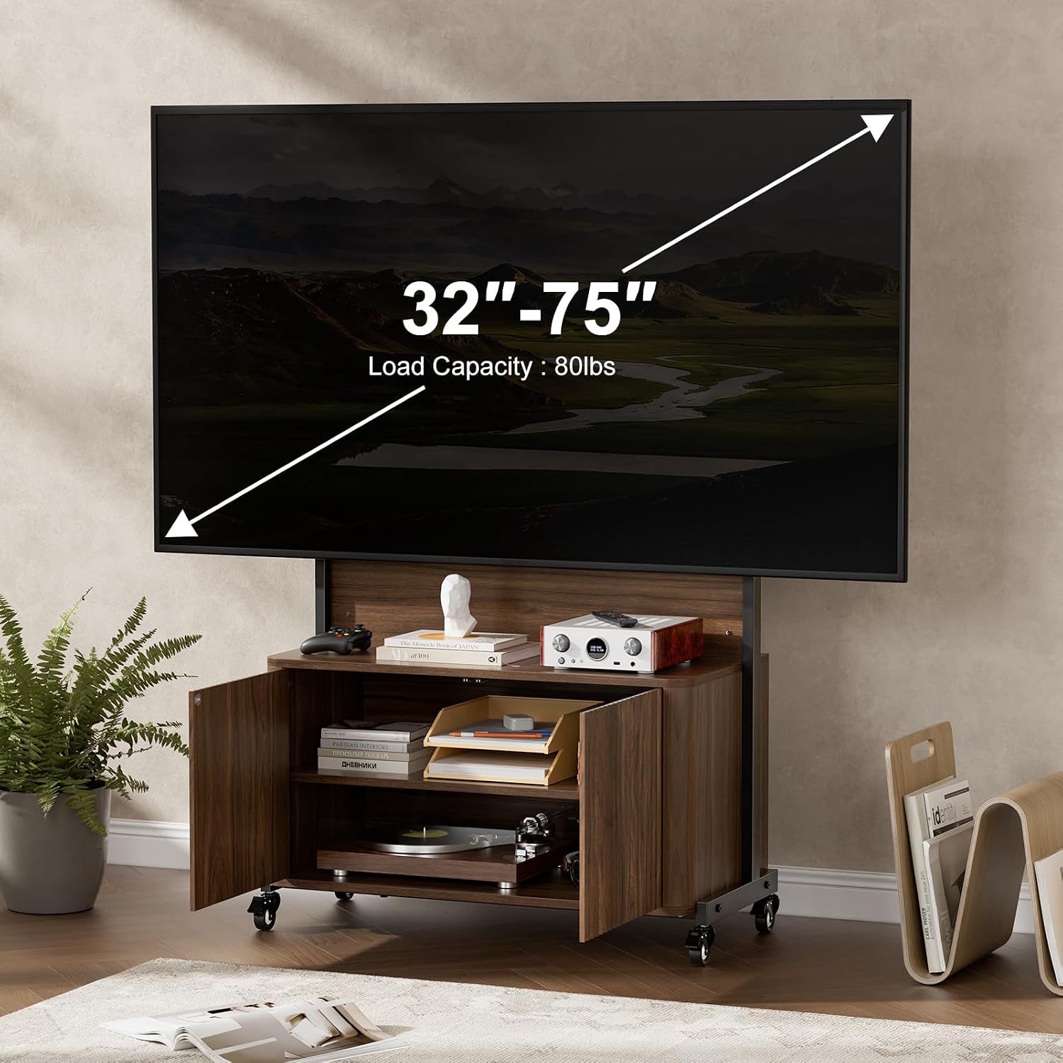 Planimetry Rolling TV Stand with Mount for 32-75 Inch TVs, Height Adjustable Mobile TV Stand with Lockable Wheels, Fluted Cabinet Entertainment Center with Power Outlet & Storage, Walnut