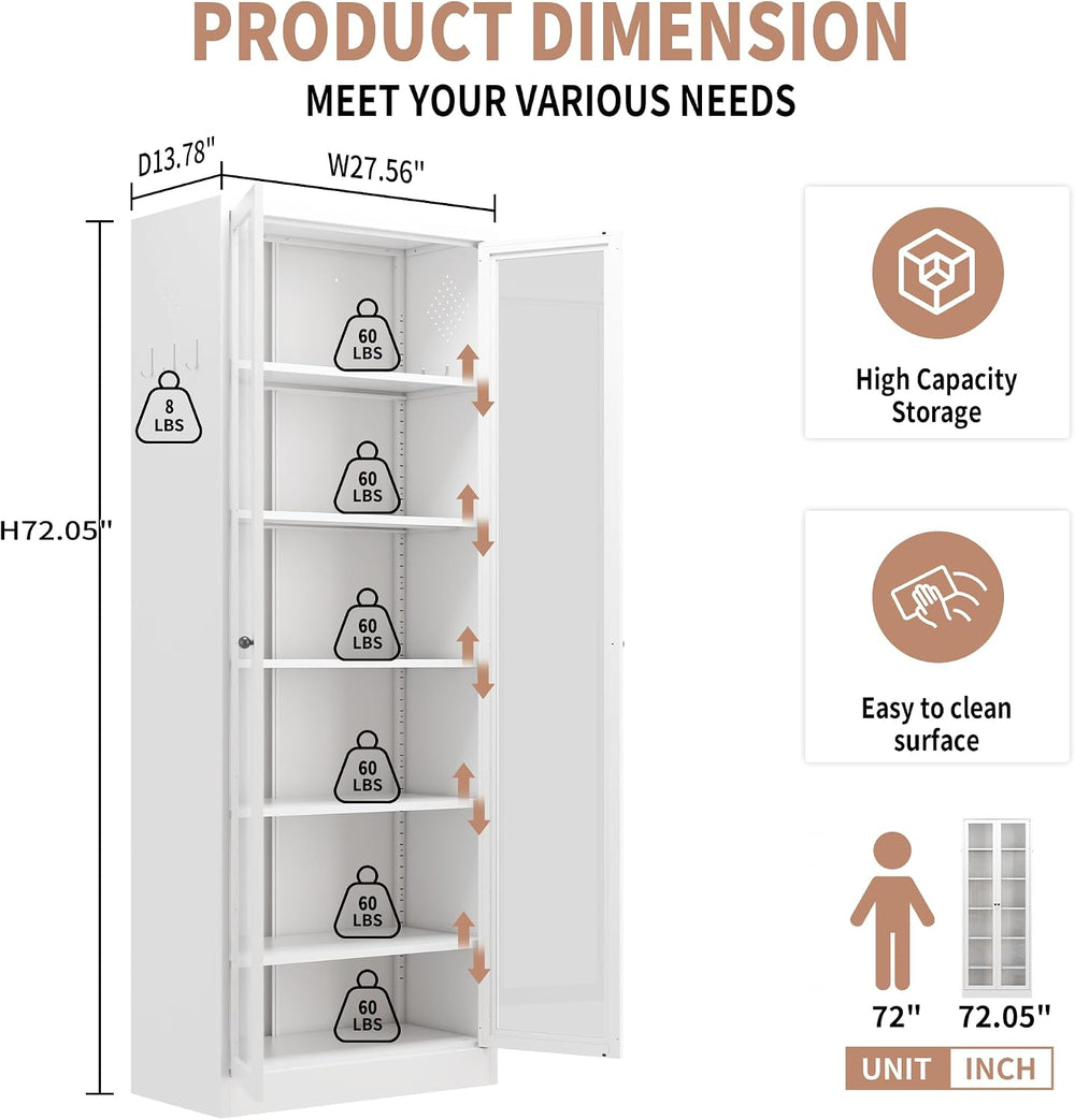 Metal Kitchen Pantry Cabinet - 72" Tall Sideboard Storage Case with Glas...