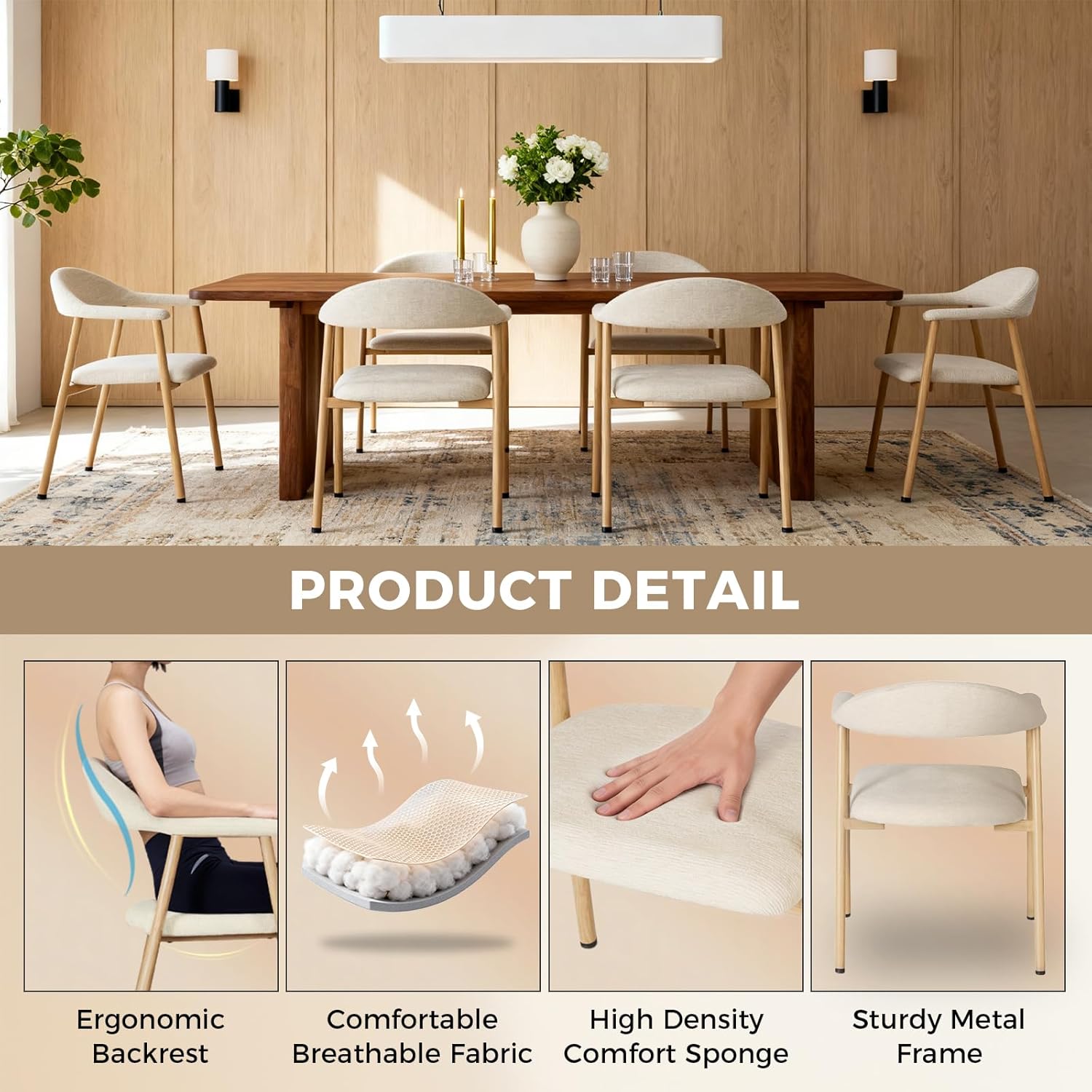 DUMOS Dining Chairs Set of 4, Linen Fabric Upholstered Kitchen Side Chairs with Curved Backrest & Metal Legs, Modern Farmhouse Accent Chair for Dining Room Kitchen Living Room Cafe, Beige