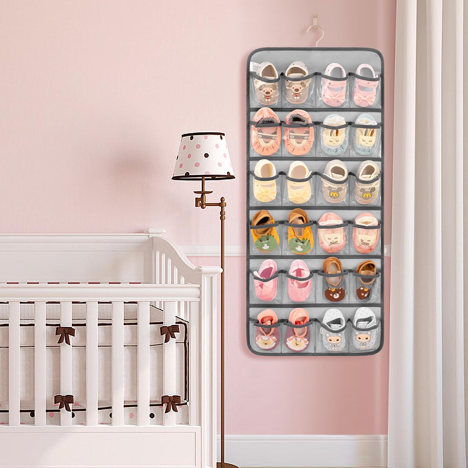 Dual-sided Hanging Baby Shoes Organizer Closet Toddler Shoe Storage Holder for Kids Bow Socks Underwear (GREY)
