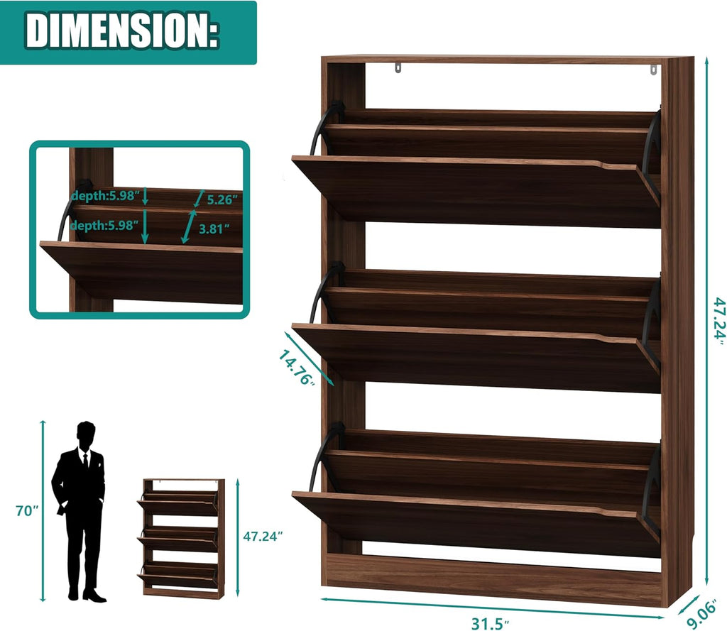 Xixini Shoe Storage Cabinet for Entryway with 3 Flip Drawers, Sturdy Wood Hidden Shoe Storage, Freestanding Narrow Slim Shoe Organizer for Front Door Entrance, Living Room, Hallway, Bedroom, Walnut