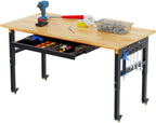Betterhood 60" Adjustable Workbench on Wheels, 2000 LBS Heavy Duty Work Table with Power Outlets & Pegboard, Rubber Wood Workstation for Garage, Workshop, Office, Home, Commercial