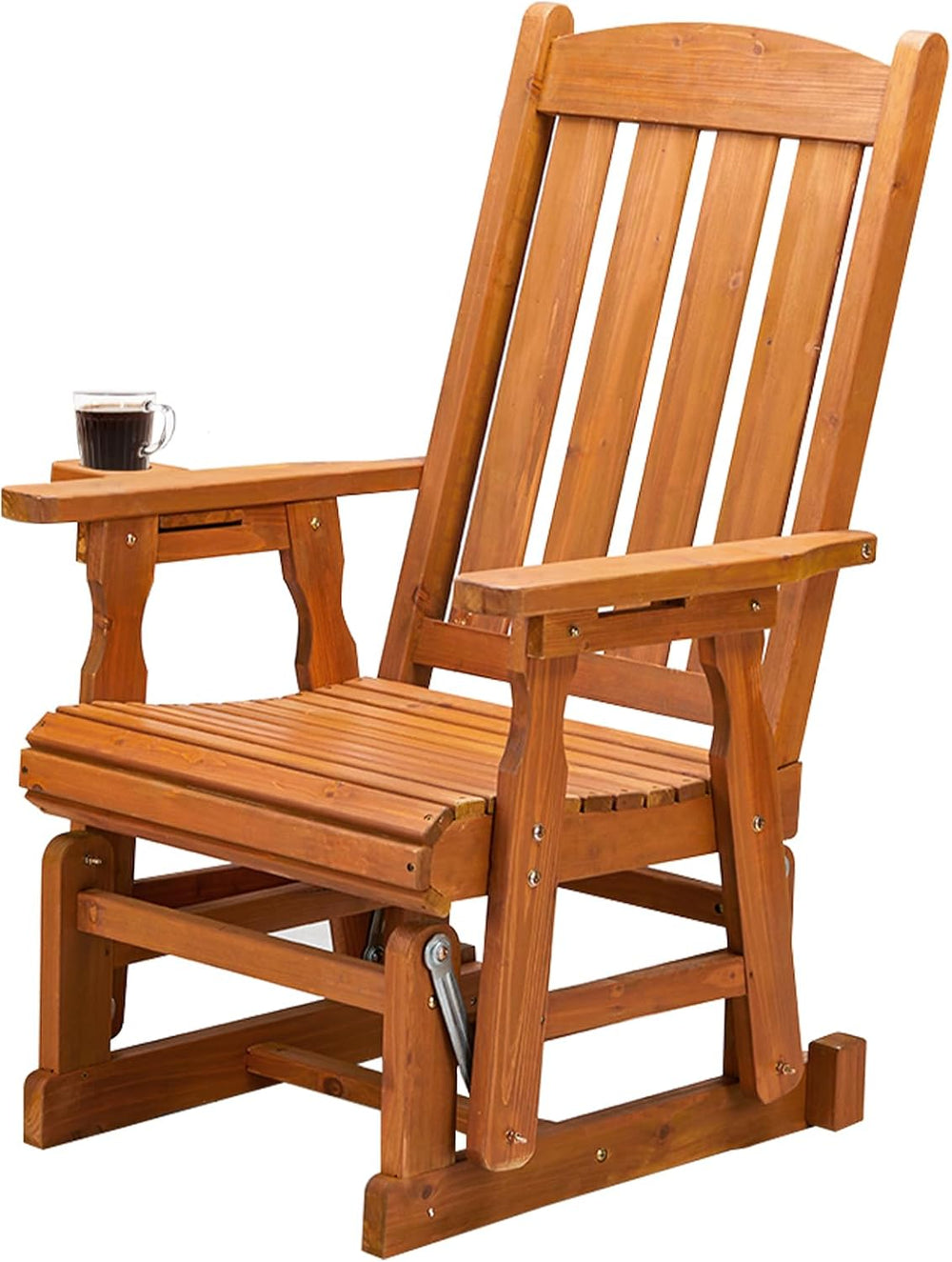 VINGLI Outdoor Glider Chair Wood Patio Glider with Cup Holder, Porch Glider w...