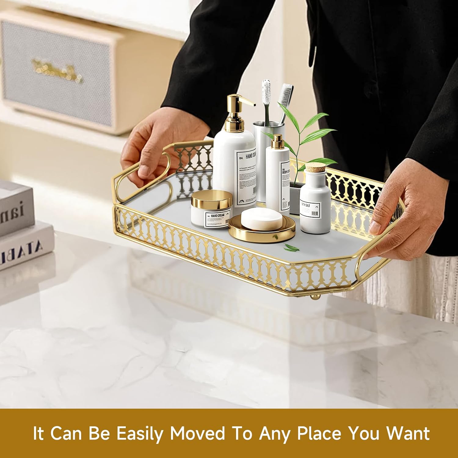 Mirrored Perfume & Makeup Vanity Tray - Hollow-Out Jewelry Storage, Gold Metal & Glass Trinket Organizer for Dresser & Bathroom Countertop, 11.3" Small Size