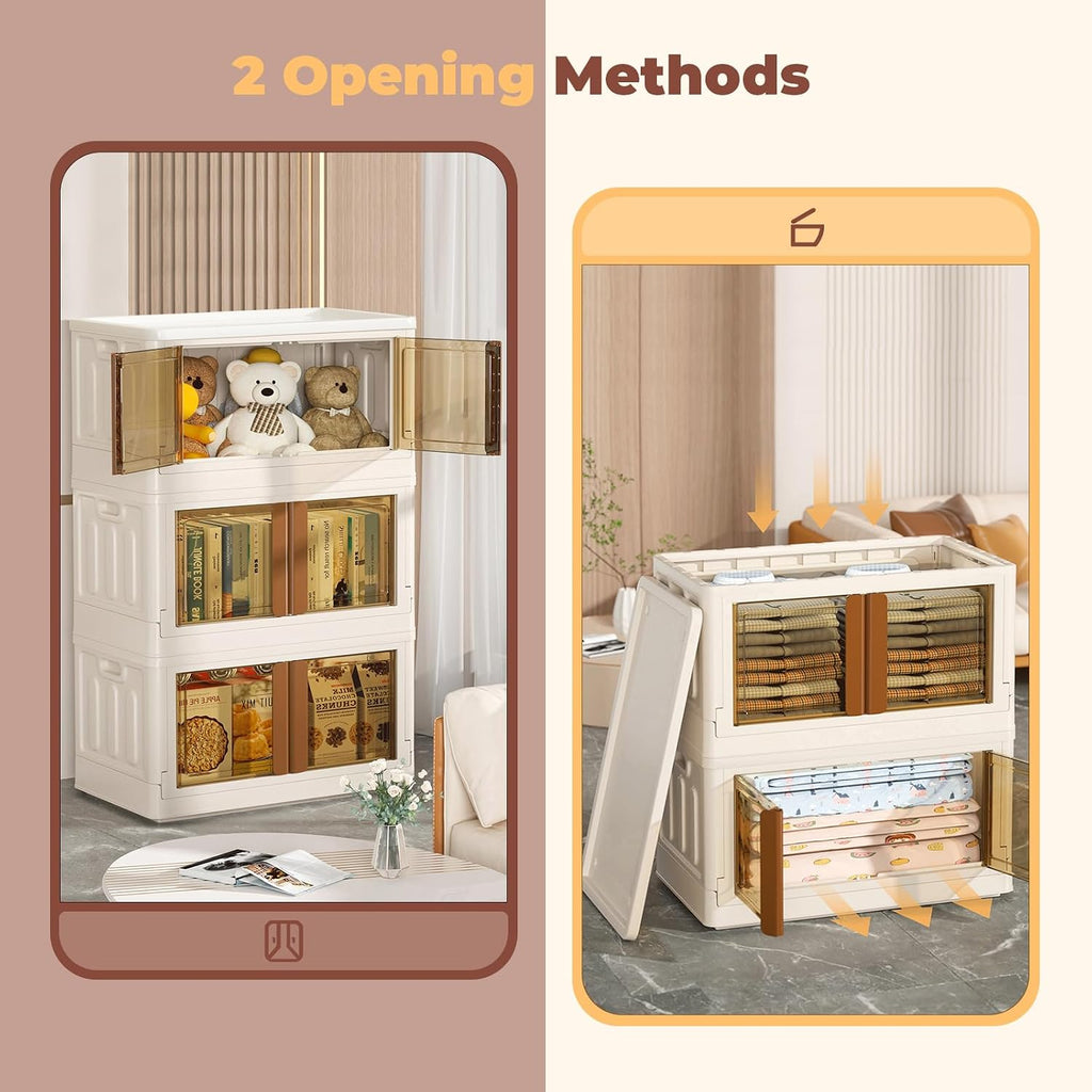FAHKNS 3 Pack 8.4 Gallon Collapsible Storage Boxes, Lidded Storage Box with Door and Wheels for Books, Towels and Clothes, Folding Storage Box for Home