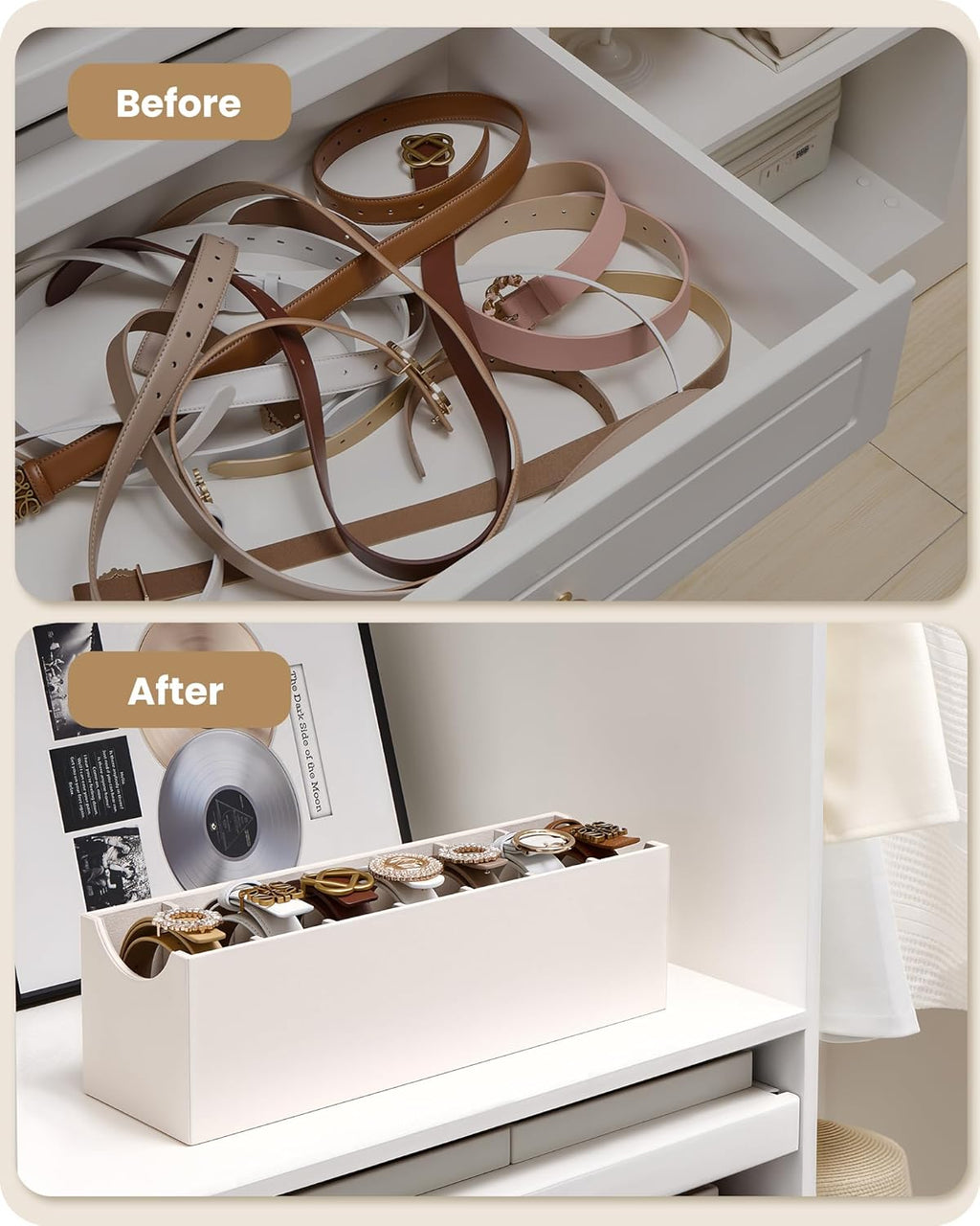 Lolalet 7 Compartments Belt Organizer, PU Leather Belt Holder with Soft Lining, Extra-Wide Slots for Women, Fits Drawer, Closet & Entryway Cabinet -1 Pack, Cream