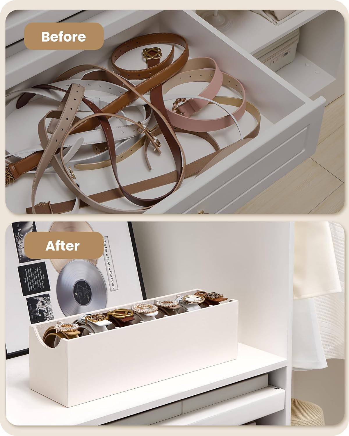 Lolalet 7 Compartments Belt Organizer, PU Leather Belt Holder with Soft Lining, Extra-Wide Slots for Women, Fits Drawer, Closet & Entryway Cabinet -1 Pack, Cream