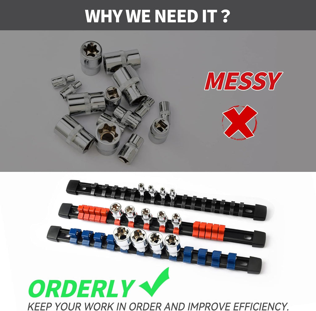 Socket Organizer Drive ABS Tools - Black Socket Holder, Premium Quality 6 Pieces Socket Holders Kit 1/4-Inch x 32 Clips, 3/8-Inch x 30 Clips, 1/2-Inch x 24 Clips（6PC,Black)