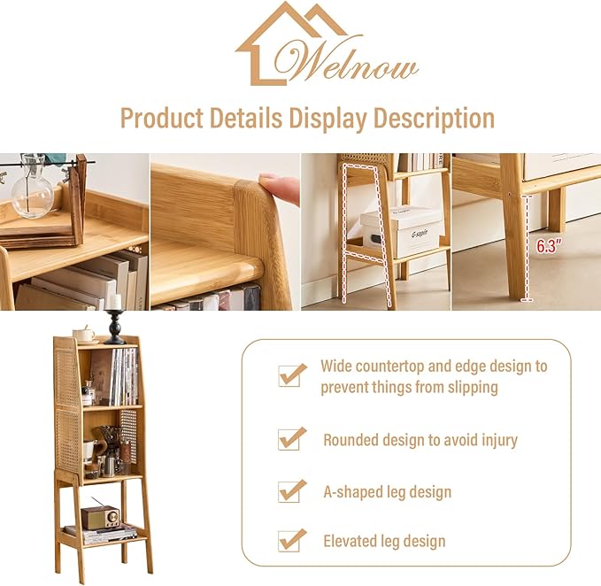 Welnow Bamboo Rattan Bookcase with Cabinet, 2-Tier Storage Shelf with Side Table & End Table Function, Large Modern Wood Organizer for Living Room or Bedroom, Natural Bookshelf