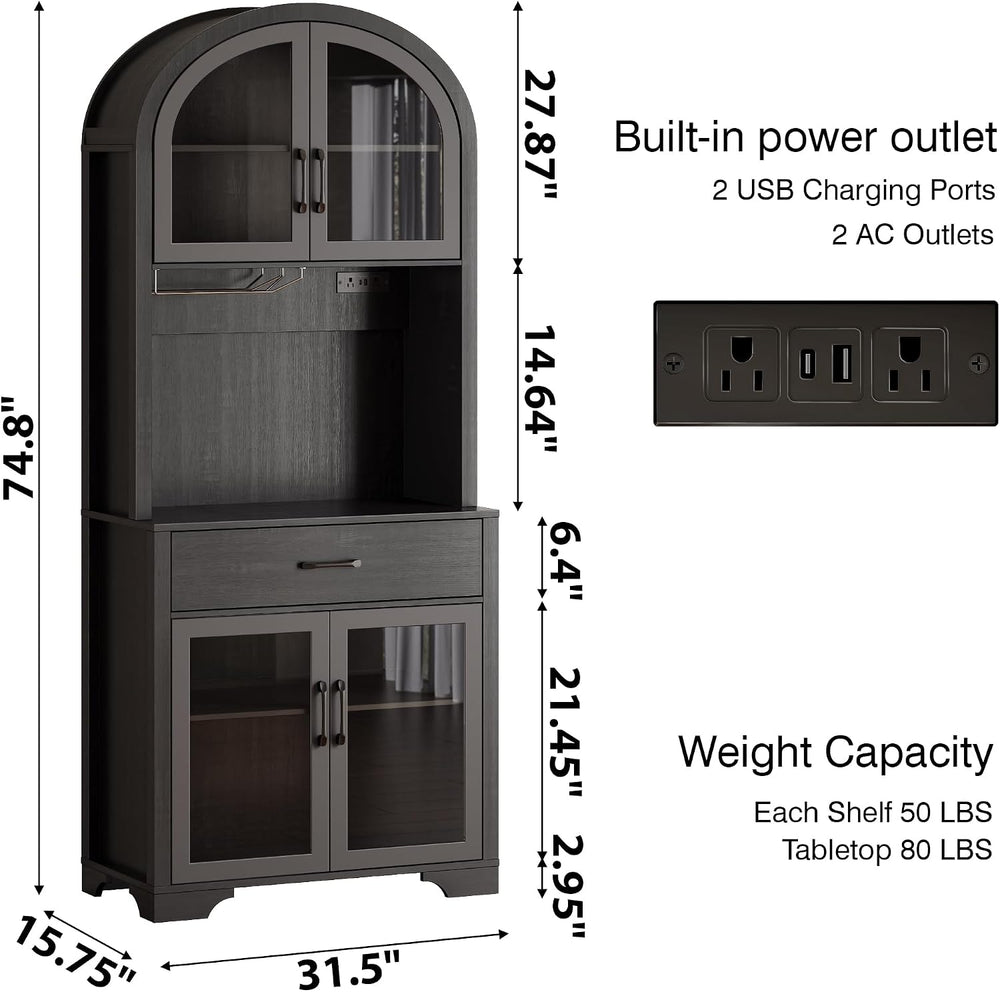 Arched Kitchen Pantry Storage Cabinet, Black Wooden Coffee Bar Cabinet with D...
