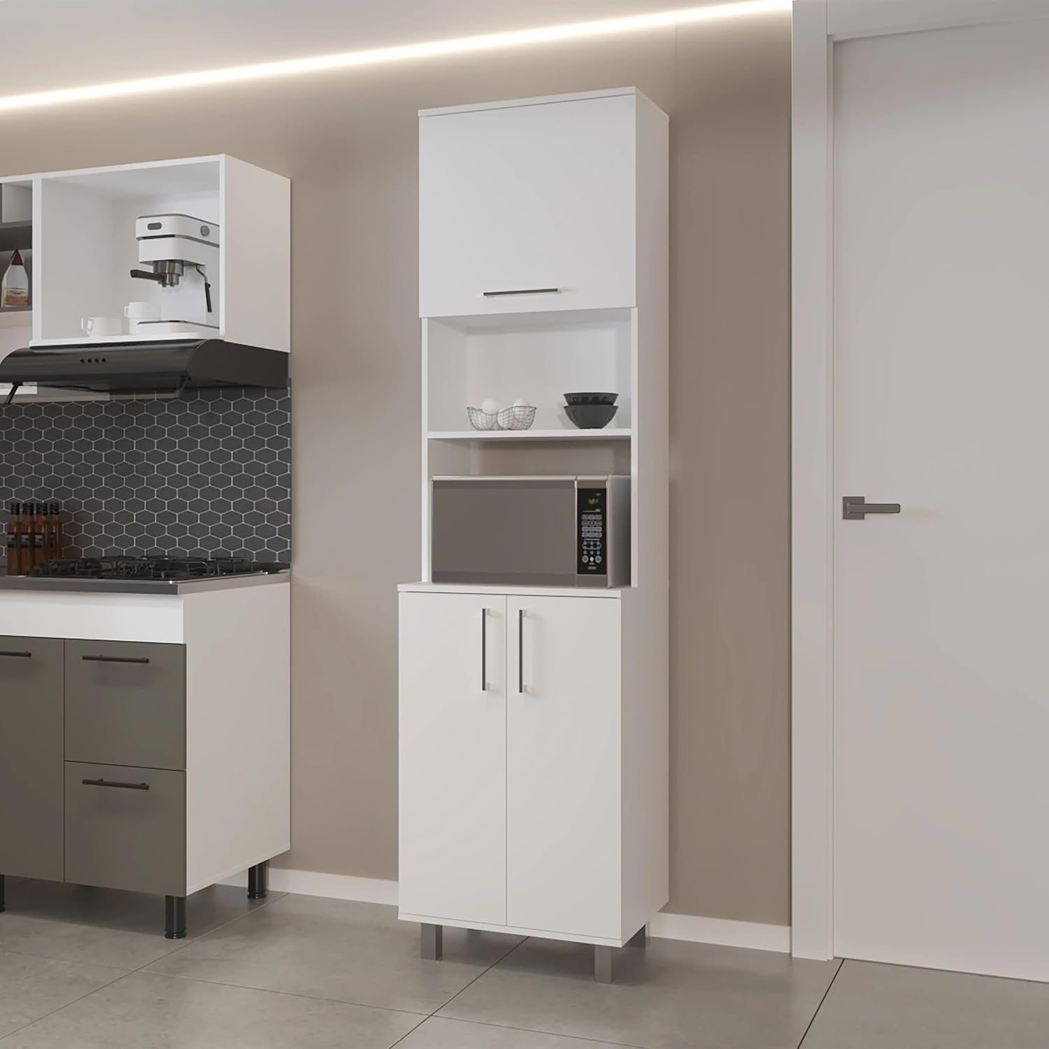 15.4" D*21.7" W*80.3" H Corner Freestanding Kitchen Pantry with 3 Shelves, Top Single Door & Lower Double Door, Rectangular Storage Cabinet, Modern, for Living Room, Dining Room, White