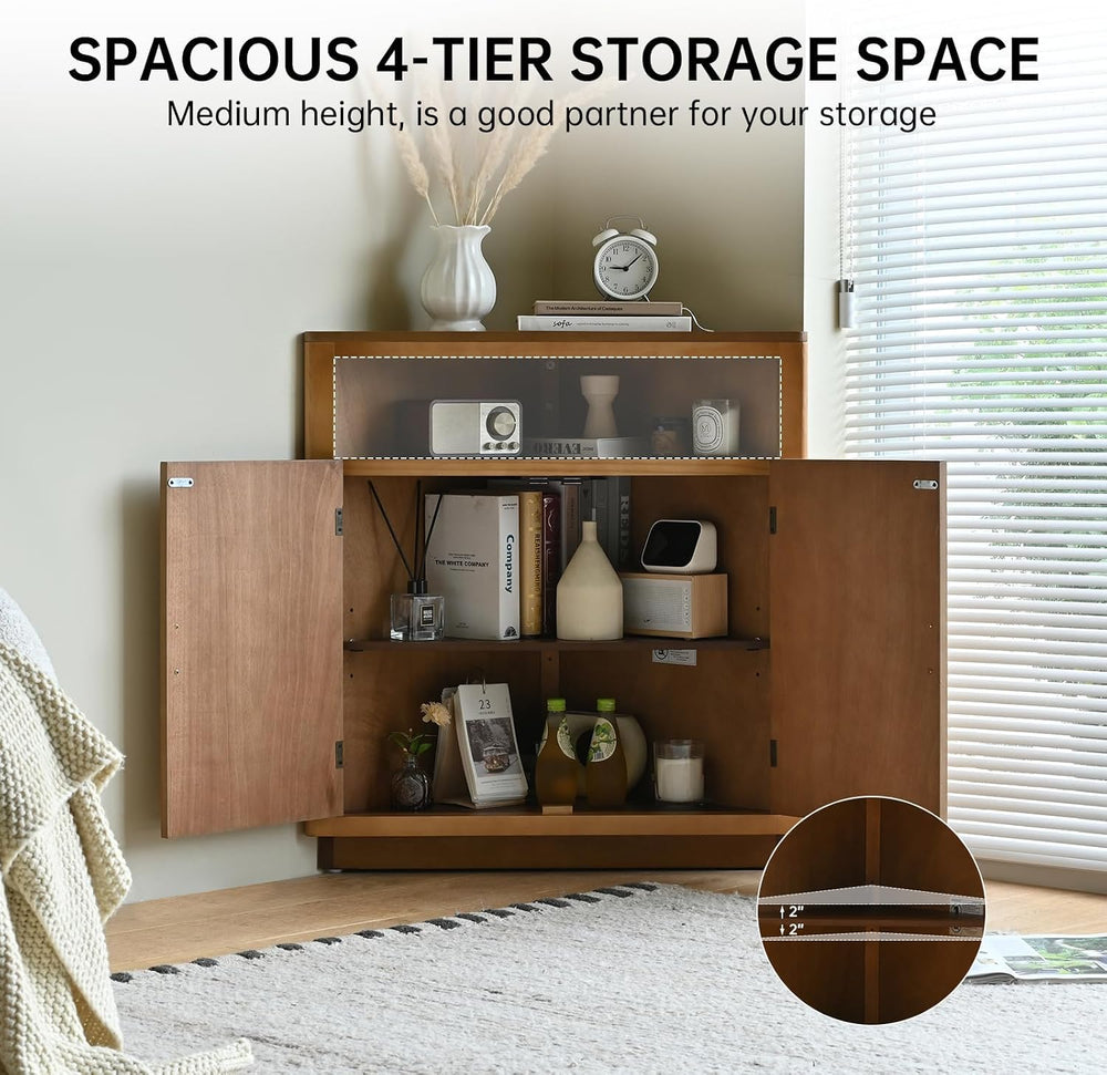 Ahokua Corner Storage Cabinet with Fluted Hand-Carved Doors, riangular Accent...