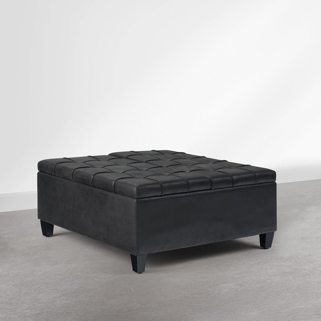SIMPLIHOME Harrison Coffee Table Storage Ottoman - 36 inch Wide Upholstered Vegan Leather Square Ottoman in Distressed Graphite Black, Transitional Ottoman for Living Room with Split Lift-Up Lid