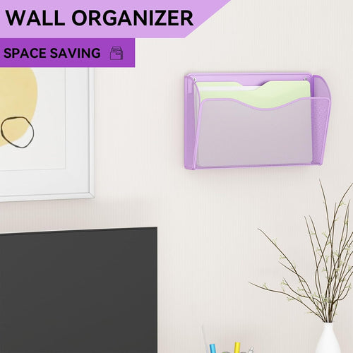 3 Single Pocket Wall File Holder, Mesh Hanging File Folder Paper Organizer, Vertical Wall Mounted Mail Basket, Storage Organization Magazine Rack for Office, Home and School, Light Purple