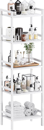 HITNET 5 Tier Bamboo Shelf, Tall Narrow Bookcase, Freestanding Bathroom Storage Unit with Adjustable Shelves, Modern Display Standing Bookshelf for Living Room, Bedroom, Home Office, White