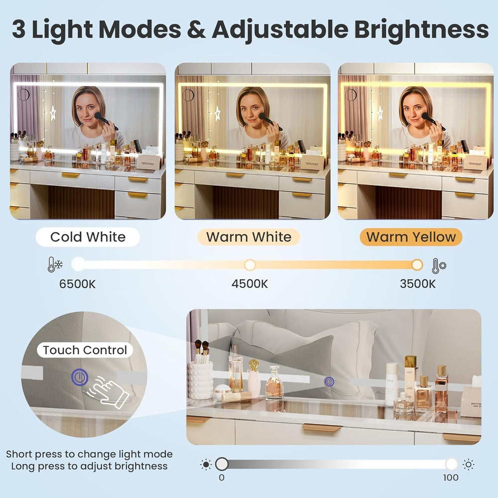 Pamapic Glass Top Vanity Desk with Mirror and Lights, 11 Drawers Makeup Vanit...