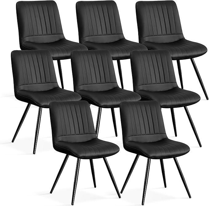 Dining Chairs Set of 8, Modern Dining Chairs with Thick Cushions, PU Leather Upholstered Kitchen Dining Room Chairs with Metal Legs for Dining Living Room (Black)