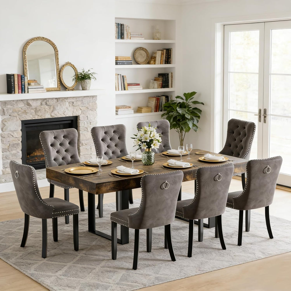 9-Piece Extendable Dining Table Set for 8, 63-78 Inch Rustic Brown Kitchen Ta...