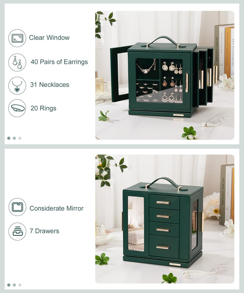 Homde Christmas Gifts Jewelry Box 360° Rotating, Necklace Earring Organizer with Transparent Window, Mirror, 7 Drawers, Large Ring Display Storage Case for Girls Women (Forest Green)