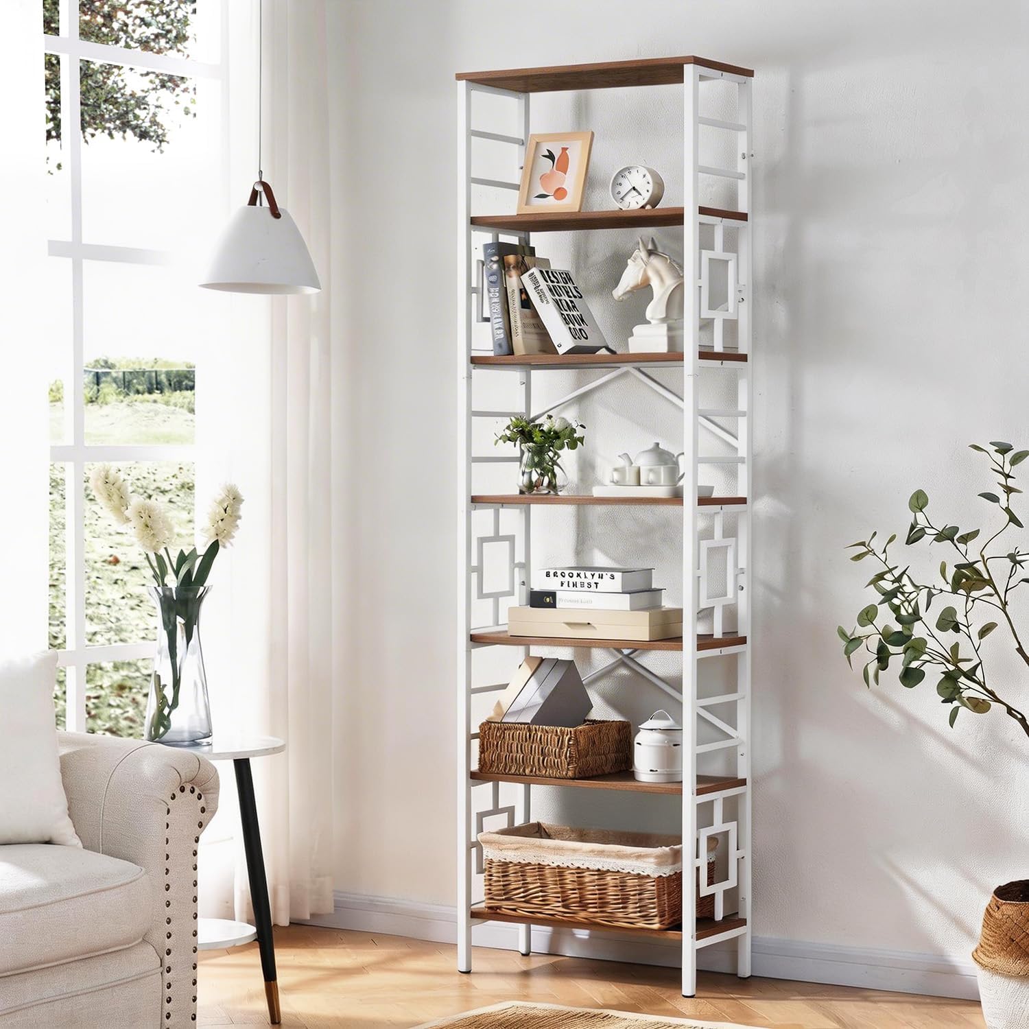HOMISSUE Bookcase,7-Tier Tall Bookshelf Metal Bookcase and Bookshelves, Free Standing Storage Modern Bookshelf for Home Office Living Room and Bedroom, White