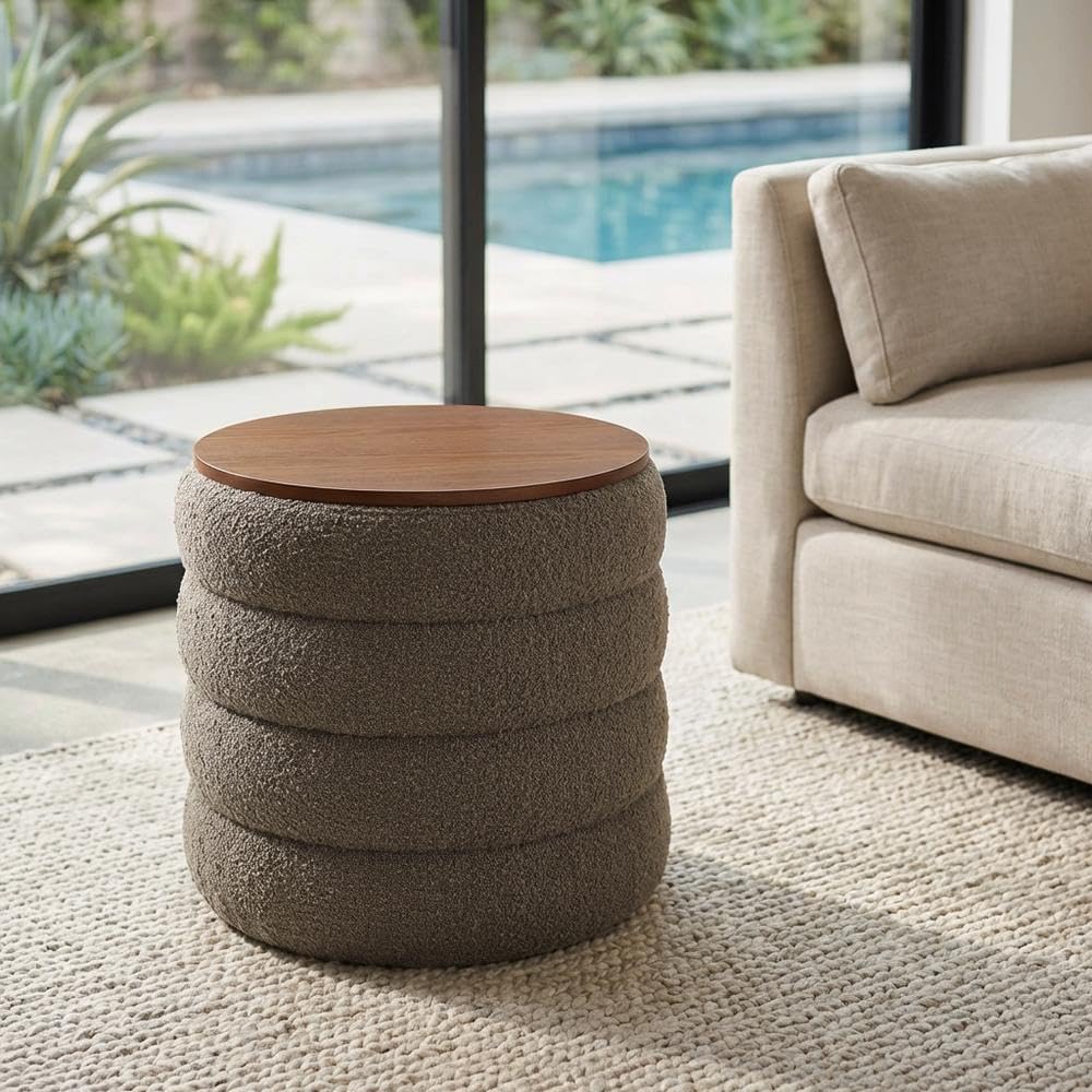 Gray Round Boucle Fabric Storage Ottoman, Indoor-Outdoor Seating, 17.3-Inch D...