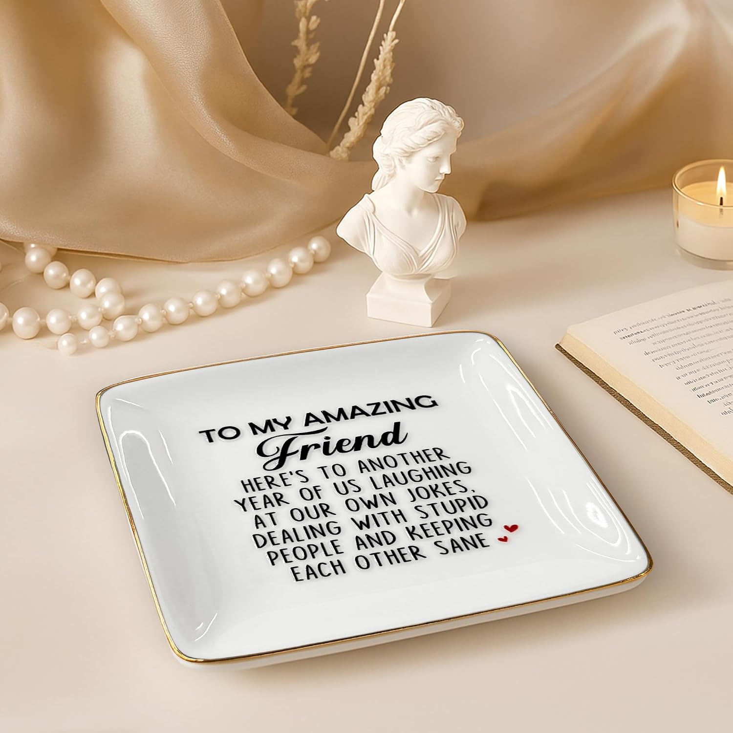 Funny Gift for Besties - Friendship Jewelry Dish for Women BFFs on Birthday Christmas, 4" Ceramic Ring Trinket Tray Here's Another Year - Unique Gift for Sisters Coworkers Classmates