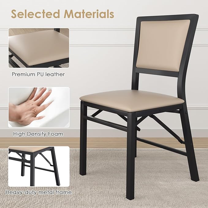 VECELO Folding Chairs Set of 2 with Cushion, Foldable Padded Seats with Heavy Duty Metal Frame for Kitchen/Dining/Living Room, No Assembly & Space Saving Design, Beige