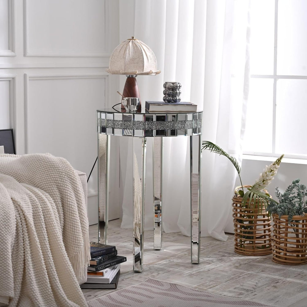 Round Mirror Accent Table with Crushed Diamond Edge Frame, 19.7" Mirrore...