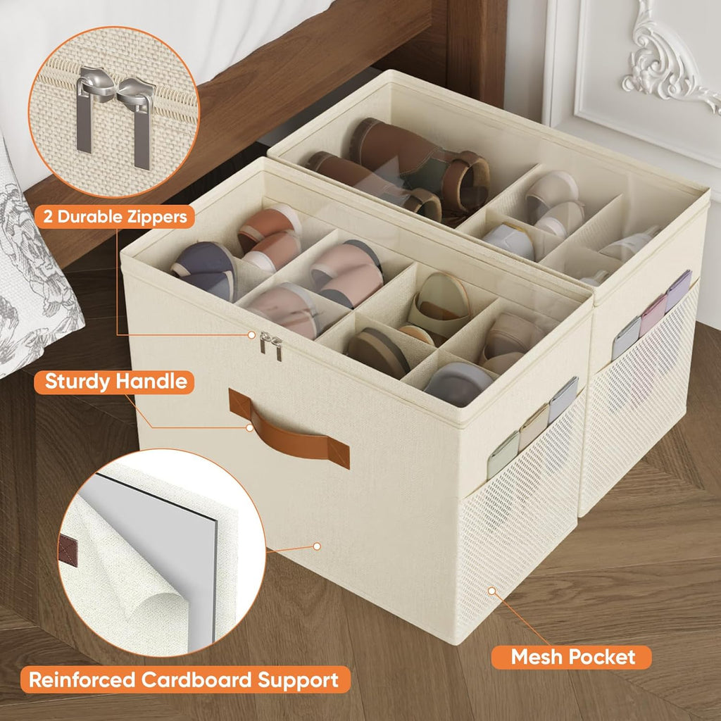 Shoe Organizer for Closet, 2 Pack Foldable Shoe Storage Organizer with Adjustable Dividers, Shoe Storage Box with Clear Cover, Fits up to 16 Pairs, Beige