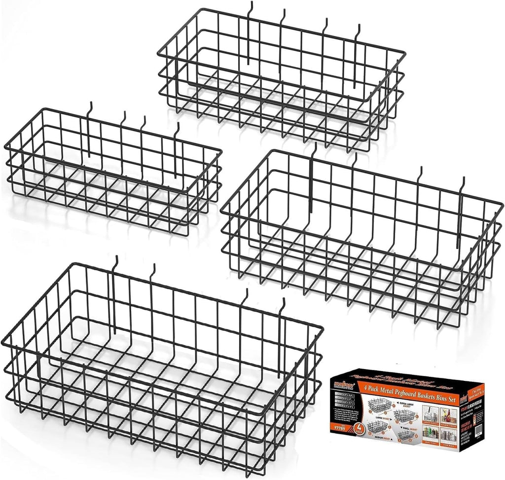 HORUSDY Peg Board Bins and Baskets | 4 Pack | Square Style 4 Size Pegboard Baskets and Pegboard Bins for Organize Workbenches, Accessories