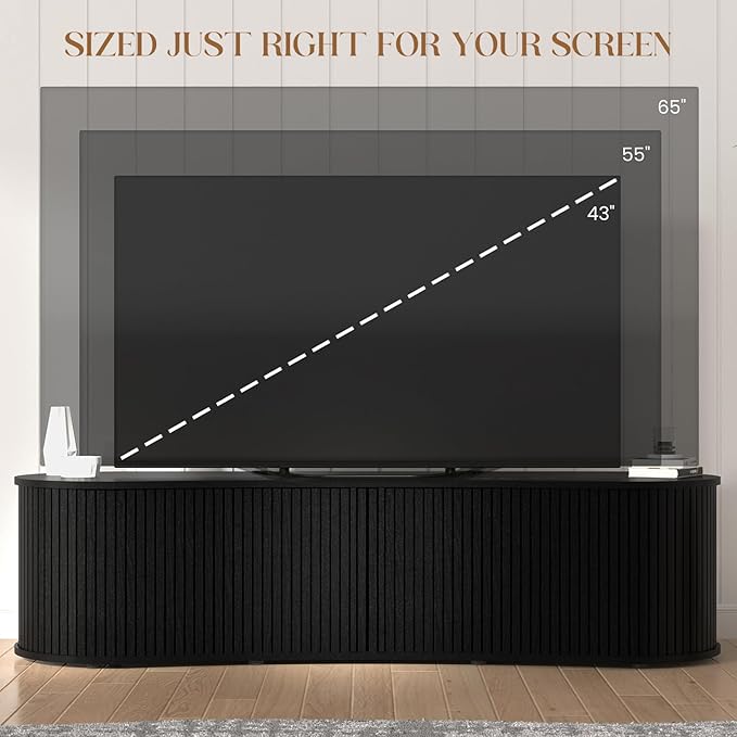 Fluted TV Stand with Storage Cabinet, 59″ Media Console with Sliding Tambour Door, Mid Century Modern Entertainment Center for Living Room, Oval Light Wood TV Stand for Bedroom, Black