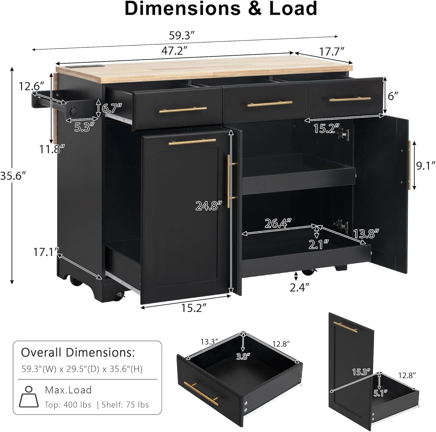Merax 59.3" Black Kitchen Island with Storage, 2 Pull Out Cabinet Organizers & Rubber Wood Drop Leaf, Rolling Island Table with Trash Can Storage, Power Outlet, Spice & Towel Rack for Kitchen Dining
