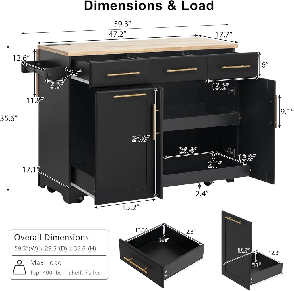 Merax 59.3" Black Kitchen Island with Storage, 2 Pull Out Cabinet Organizers & Rubber Wood Drop Leaf, Rolling Island Table with Trash Can Storage, Power Outlet, Spice & Towel Rack for Kitchen Dining