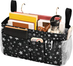 Sparkly Silver Stars Bedside Caddy for Dorm Bed Bedside Hanging Caddy Bag Iron Frame Storage Organizer Pocket for Bunk Home College Hospital Beds 2 Hooks