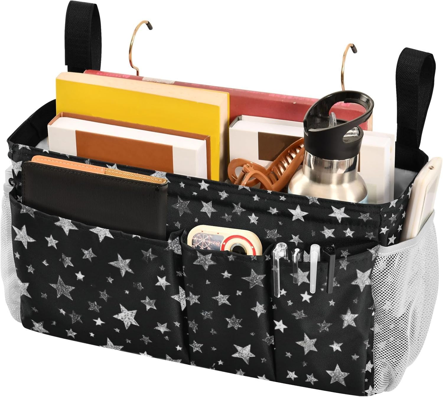 Sparkly Silver Stars Bedside Caddy for Dorm Bed Bedside Hanging Caddy Bag Iron Frame Storage Organizer Pocket for Bunk Home College Hospital Beds 2 Hooks