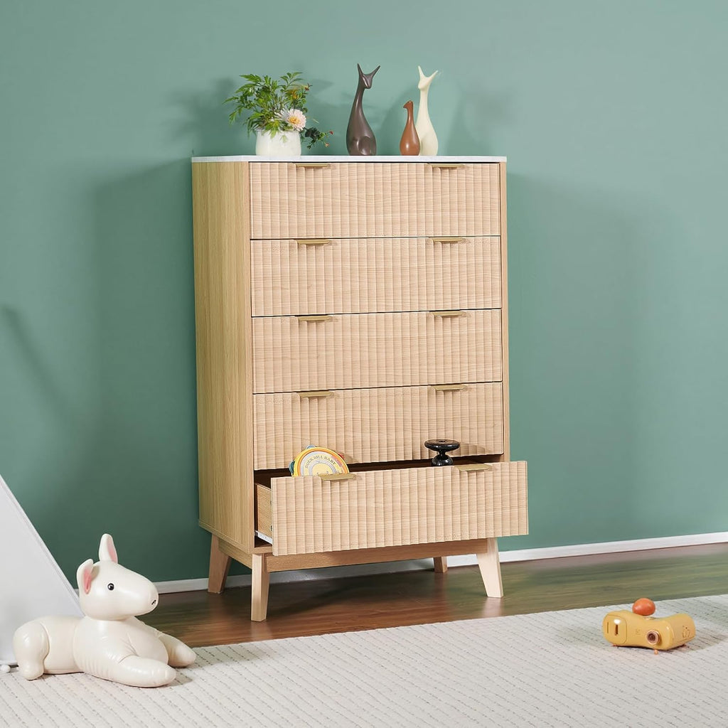 VEVOR 5 Drawer 48" Tall Fluted Bedroom Dresser, Modern Chest of Drawers with Gold Metal Handles, Faux Marble Top, Wood Dresser Closet Storage Organizer for Living Room, Hallway, Entryway, Natural Oak
