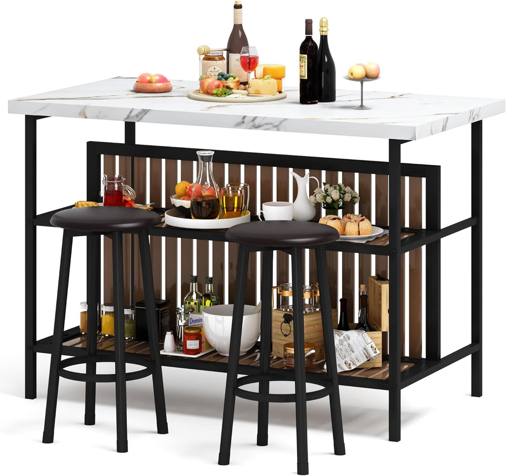 DKLGG Kitchen Island with Stools & Storage, Modern Dining Table Set for 2...