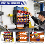 Wall Mount Spray Can Holder, Aerosol Spray Bottle Holder Storage Rack, Heavy-Duty Paint Bottle Organizer with 8 Can Holes & 4 Steel Hooks, 4 Plastic Hooks for Garage, Shop, Home or Tool Trailer