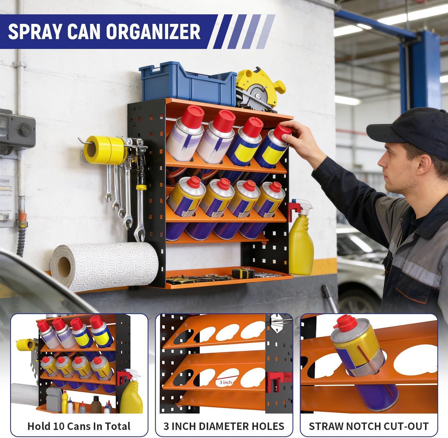 Wall Mount Spray Can Holder, Aerosol Spray Bottle Holder Storage Rack, Heavy-Duty Paint Bottle Organizer with 8 Can Holes & 4 Steel Hooks, 4 Plastic Hooks for Garage, Shop, Home or Tool Trailer