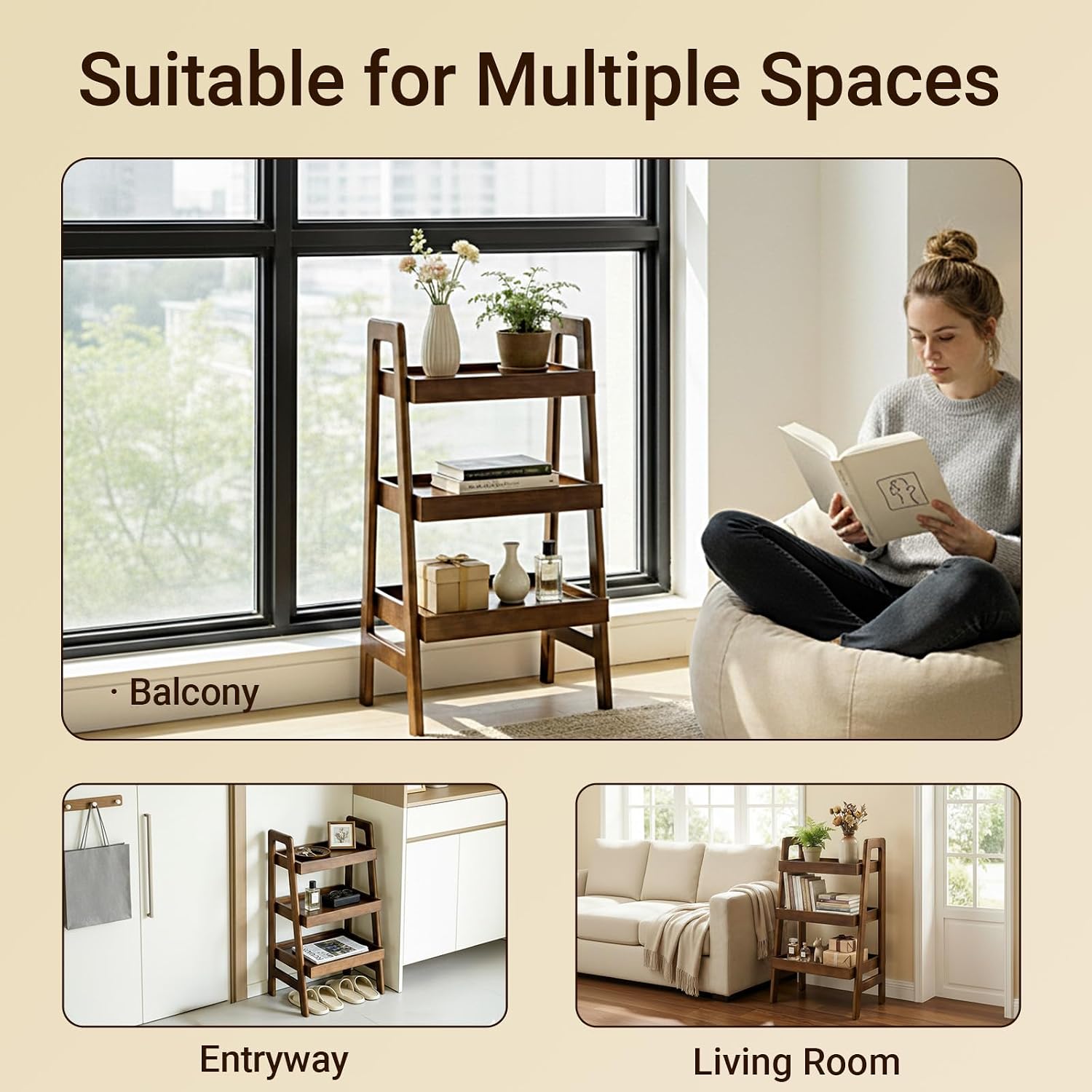Haotian Solid Wood Ladder Shelf, 3-Tier Walnut Ladder Bookshelf, Small Open Storage Shelf with Anti-Slip Edges, Compact Narrow Bookshelf for Small Spaces, Bedside Table DJ-FRG001