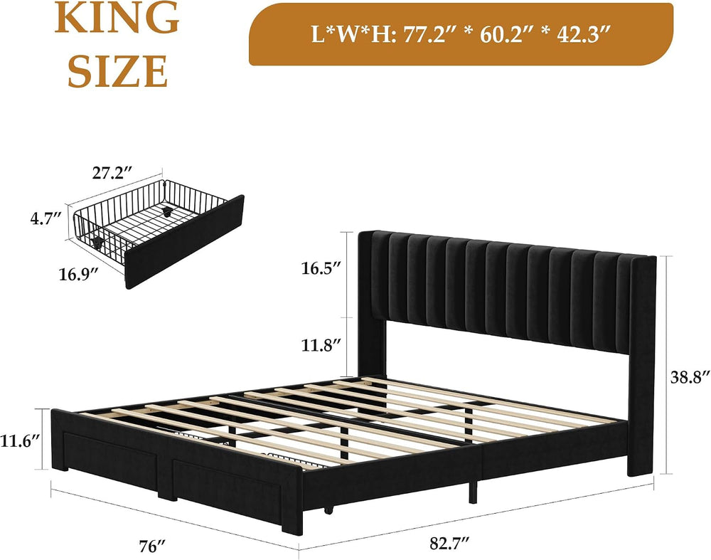 Takywep Upholstered Platform Bed with Wingback Headboard and 2 Drawer, King