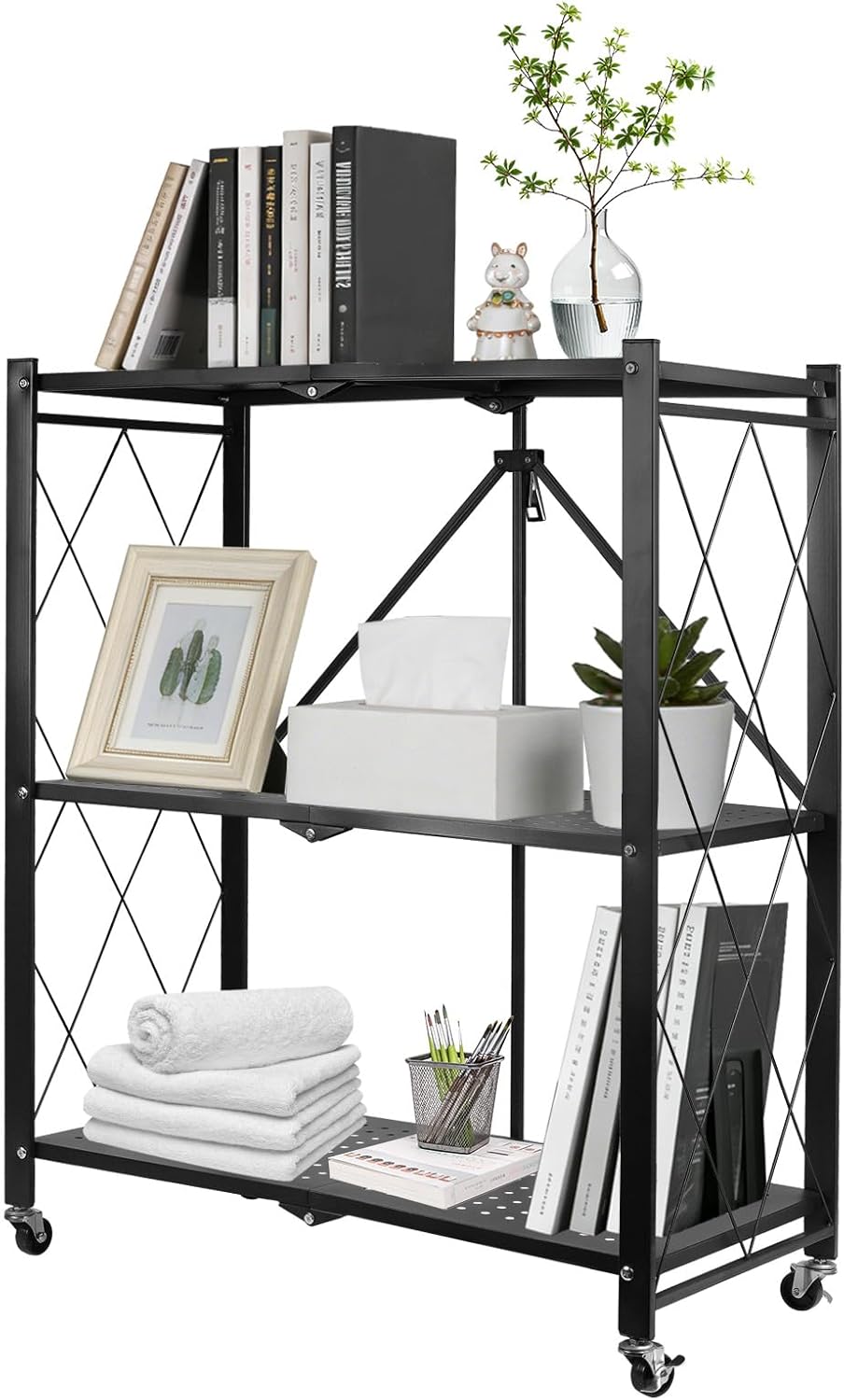 3-Tier Foldable Storage Shelf with Wheels, Metal Collapsible Shelving Unit, Rolling Utility Cart for Kitchen Pantry Closet Office, Pre-Assembled Storage Rack Organizer