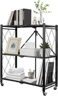 3-Tier Foldable Storage Shelf with Wheels, Metal Collapsible Shelving Unit, Rolling Utility Cart for Kitchen Pantry Closet Office, Pre-Assembled Storage Rack Organizer