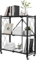 3-Tier Foldable Storage Shelf with Wheels, Metal Collapsible Shelving Unit, Rolling Utility Cart for Kitchen Pantry Closet Office, Pre-Assembled Storage Rack Organizer