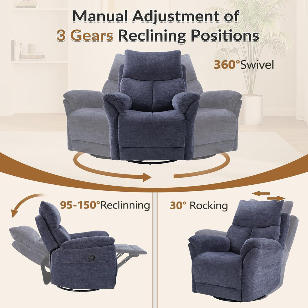 ANJ Swivel Glider Recliner, Manual Nursery Rocking Chair, Blue | Upholstered glider chair with 360° swivel, padded cushion, ideal for nursery, bedroom and living room breastfeeding & reading