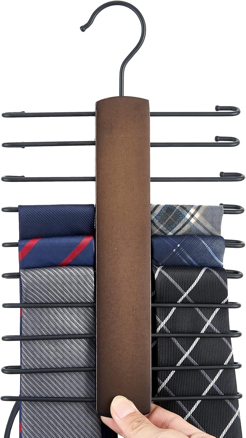 Mkono Wooden Tie Rack Retro Tie Belt Storage Hanger Organizer for Men Closet Space Saving Rack with 20 Non-Slip Hooks for Ties Belt Scarf Organize 360 Rotate Hanger Tie Display Holder, 1 Piece, Brown
