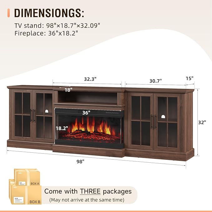 98" Farmhouse TV Stand with 36" Fireplace for TVs up to 100", Media Entertainment Center with Adjustable Shelves and Large Storage Cabinets, for Living Room, Brown & Black