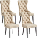 Leather Dining Chair Set of 4, Dining Room Chairs with Nailhead Ring Pull Trim, Upholstered Dining Chairs with Solid Wood Legs for Kitchen Dining Room (Beige)
