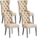 Leather Dining Chair Set of 4, Dining Room Chairs with Nailhead Ring Pull Trim, Upholstered Dining Chairs with Solid Wood Legs for Kitchen Dining Room (Beige)